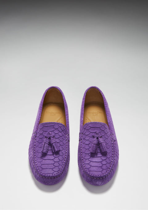 Women's Tasselled Driving Loafers, purple embossed suede-3