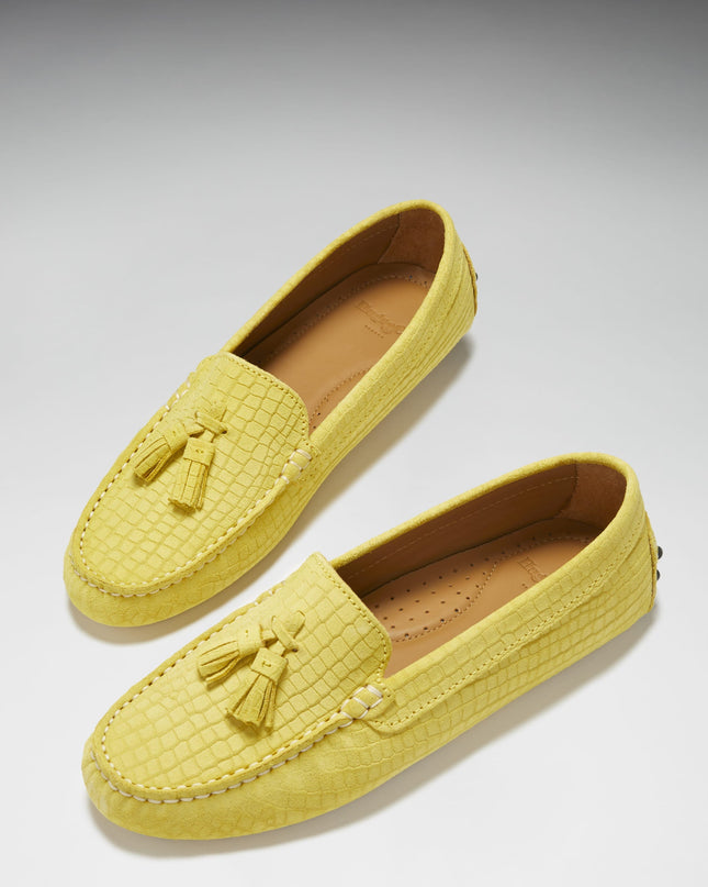 Women's Tasselled Driving Loafers, yellow embossed suede-1