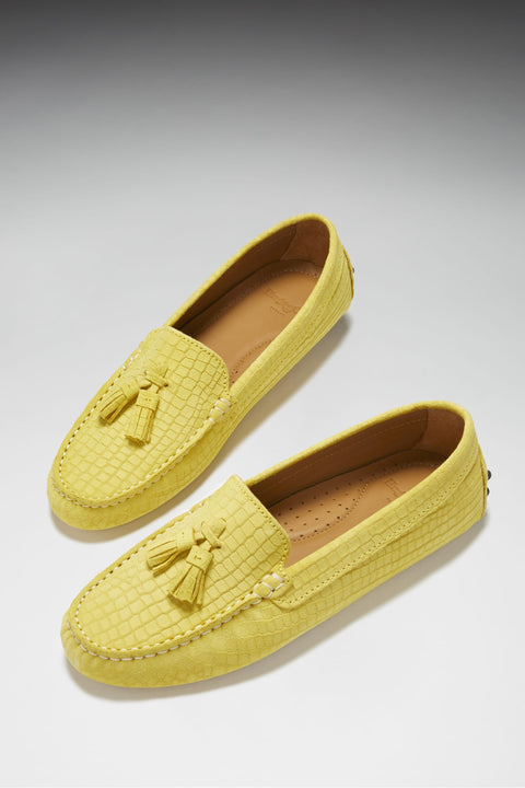 Women's Tasselled Driving Loafers, yellow embossed suede-1
