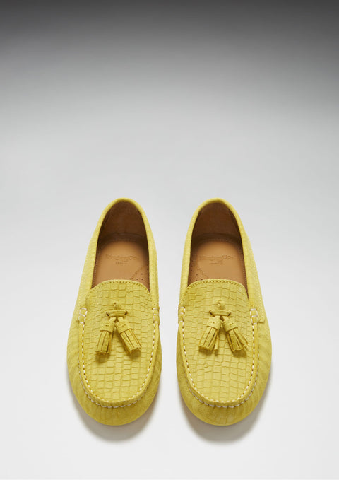 Women's Tasselled Driving Loafers, yellow embossed suede-3