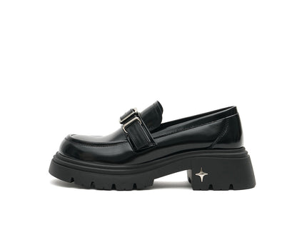 Women’s Black Buckled Platform Loafers – Chunky Heel Glossy Slip-Ons