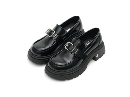 Women’s Black Buckled Platform Loafers – Chunky Heel Glossy Slip-Ons