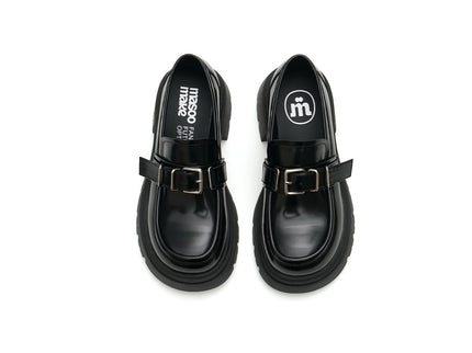 Women’s Black Buckled Platform Loafers – Chunky Heel Glossy Slip-Ons