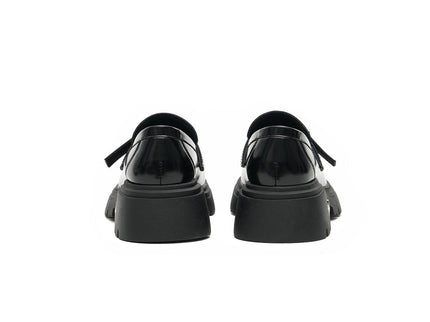 Women’s Black Buckled Platform Loafers – Chunky Heel Glossy Slip-Ons