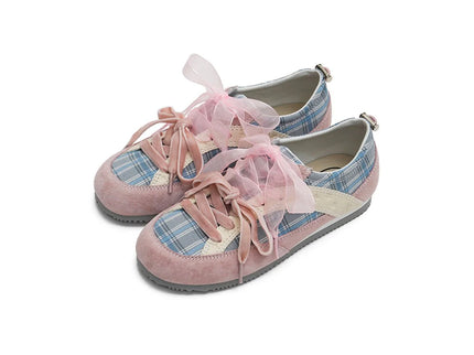 Masoomake Damen GAT Sneaker – Plaid Ribbon Lace Coquette Style