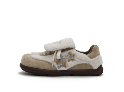 Women's Sherpa Velcro Sneakers – Plaid Star Patch Cozy Winter Shoes