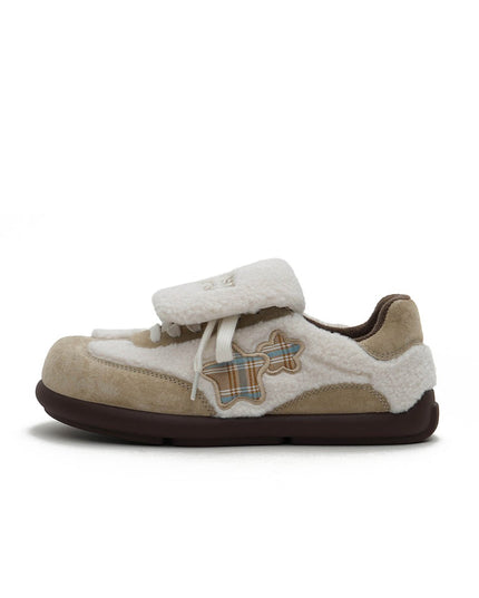 Women's Sherpa Velcro Sneakers – Plaid Star Patch Cozy Winter Shoes