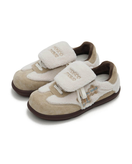 Women's Sherpa Velcro Sneakers – Plaid Star Patch Cozy Winter Shoes