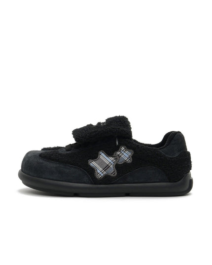 Women's Sherpa Velcro Sneakers – Plaid Star Patch Cozy Winter Shoes