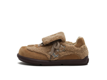 Women's Sherpa Velcro Sneakers – Plaid Star Patch Cozy Winter Shoes