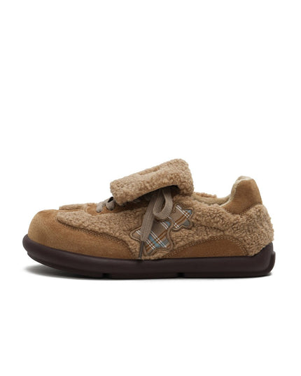 Women's Sherpa Velcro Sneakers – Plaid Star Patch Cozy Winter Shoes