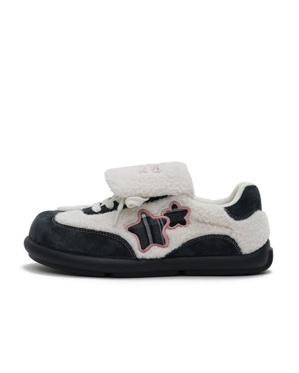 Women's Sherpa Velcro Sneakers – Plaid Star Patch Cozy Winter Shoes