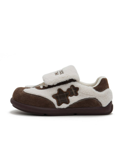 Women's Sherpa Velcro Sneakers – Plaid Star Patch Cozy Winter Shoes