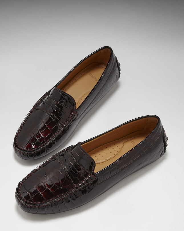 Women's Penny Driving Loafers, brown croc print patent leather-1