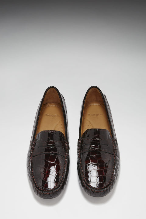 Women's Penny Driving Loafers, brown croc print patent leather-2
