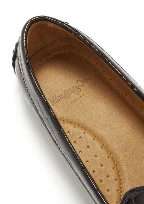 Women's Penny Driving Loafers, brown croc print patent leather-4